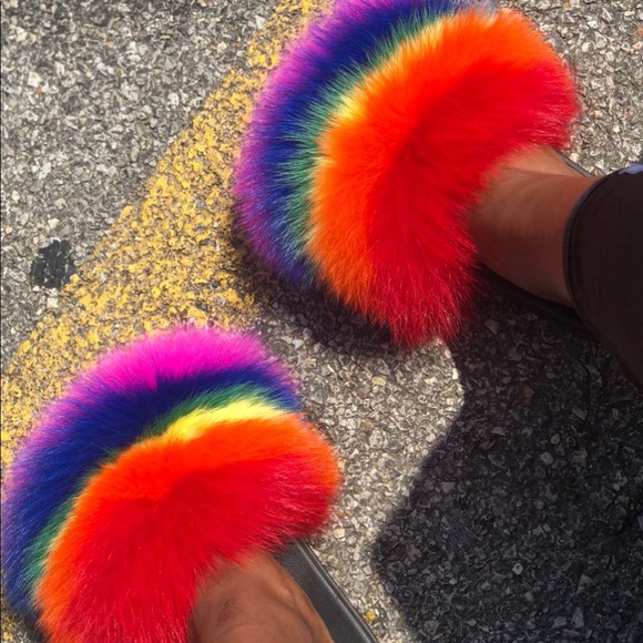 shoes rainbow fox fur slides poshmark